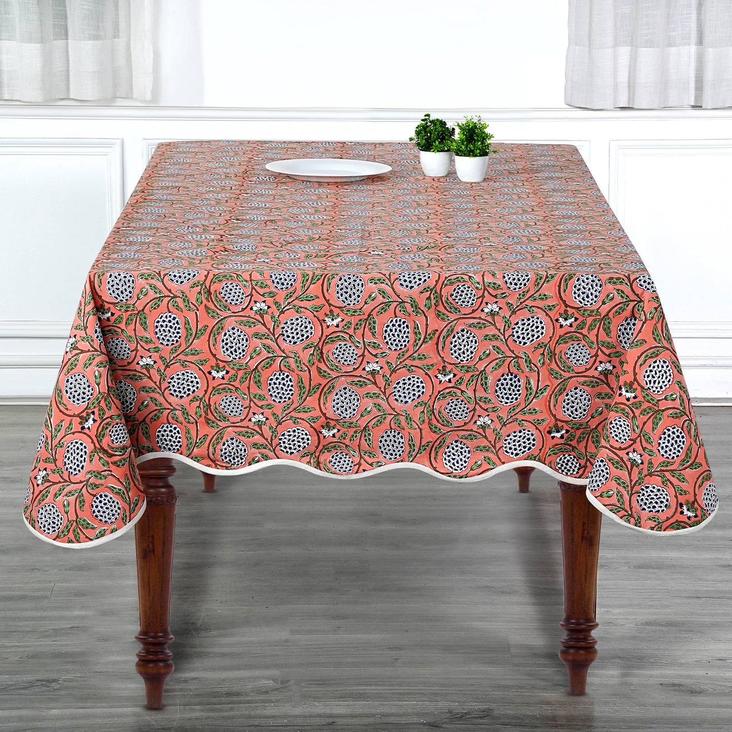 Dark Salmon Block Printed Piping Tablecloth 70x108