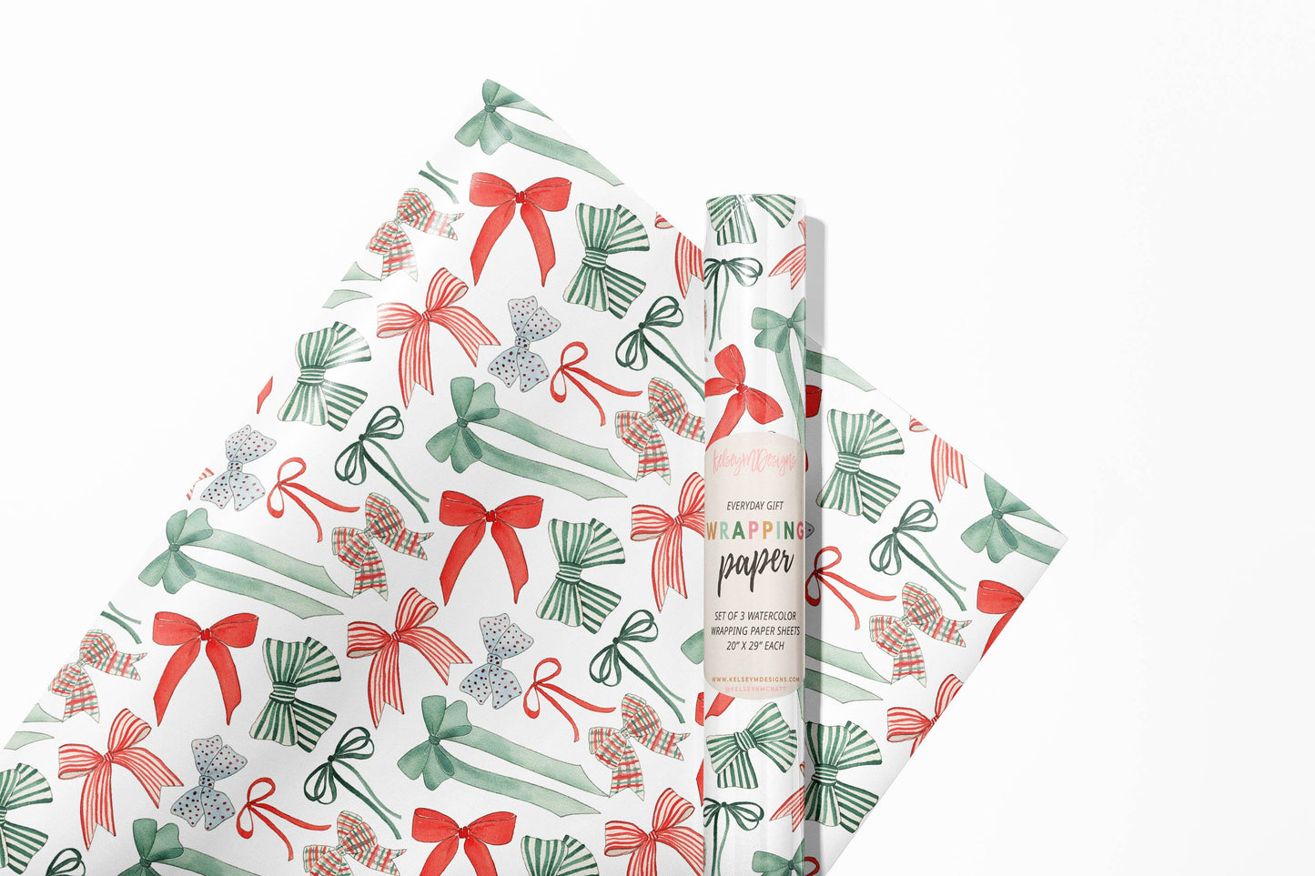 Red and Green Christmas Bows Wrapping Paper - 3 Sheet Roll