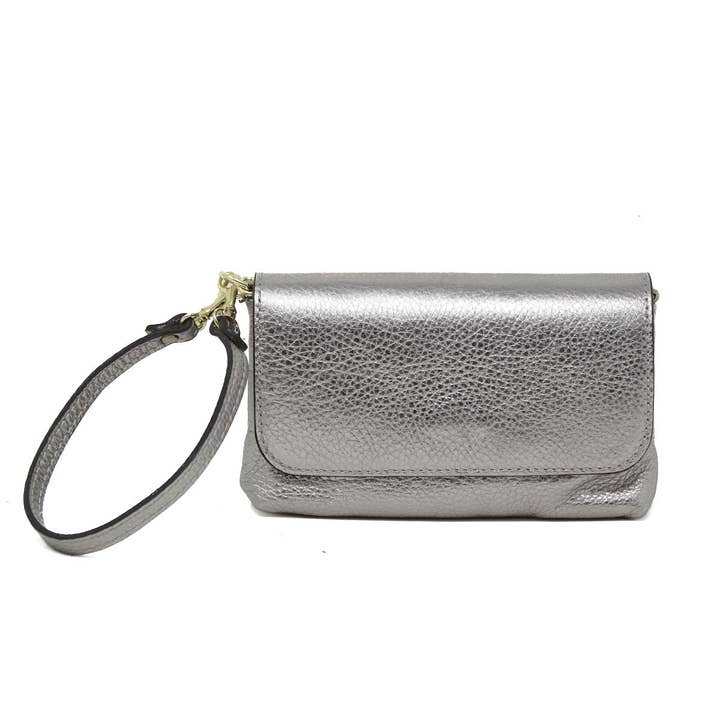 German Fuentes Genuine Italian Leather Crossbody Clutch in Pewter