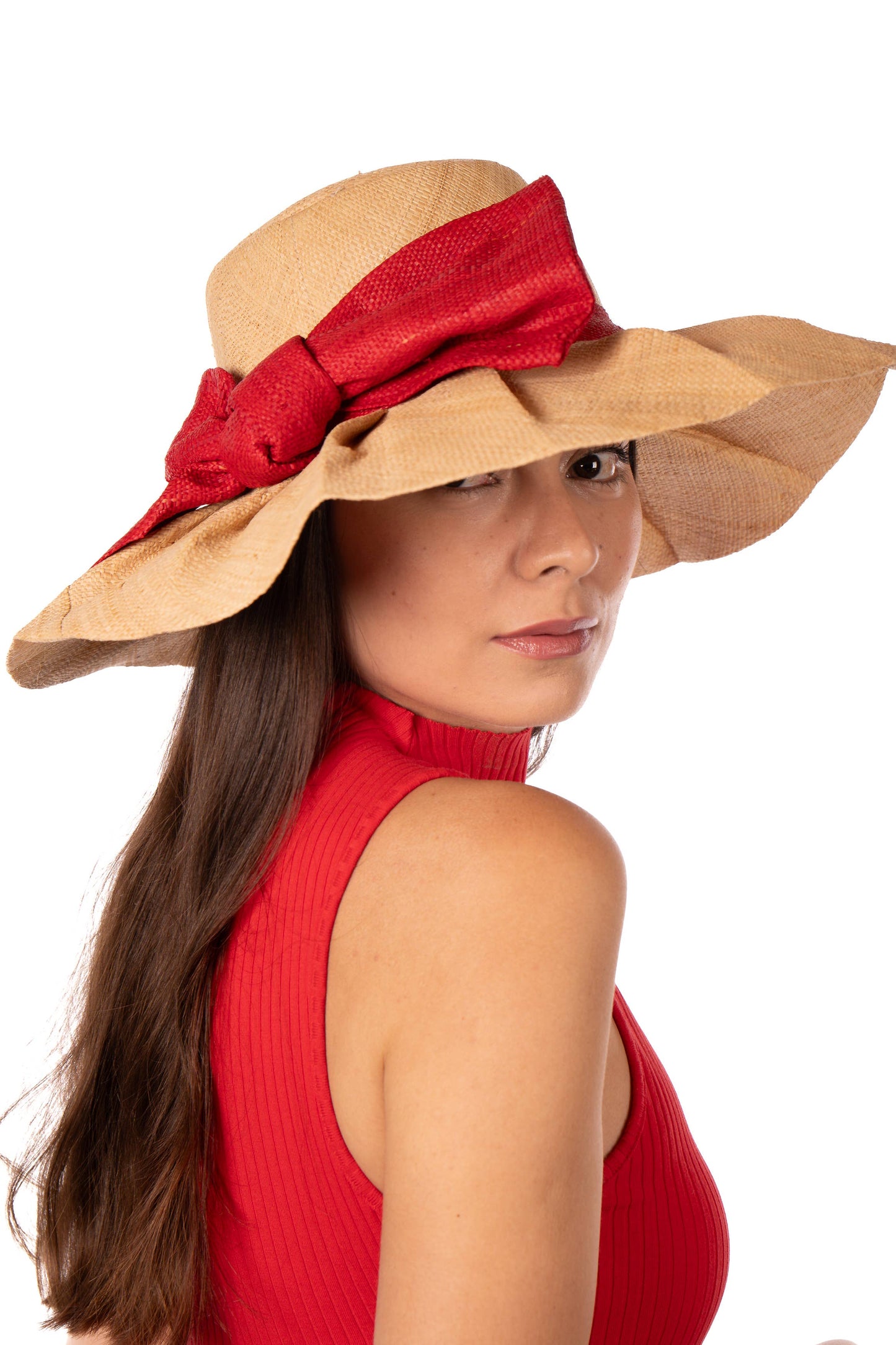 Fan Pleated Straw Sun Hat with Big Bow: Red