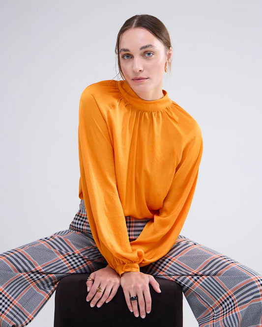 Summum Mock Neck Silk Blouse in Orange
