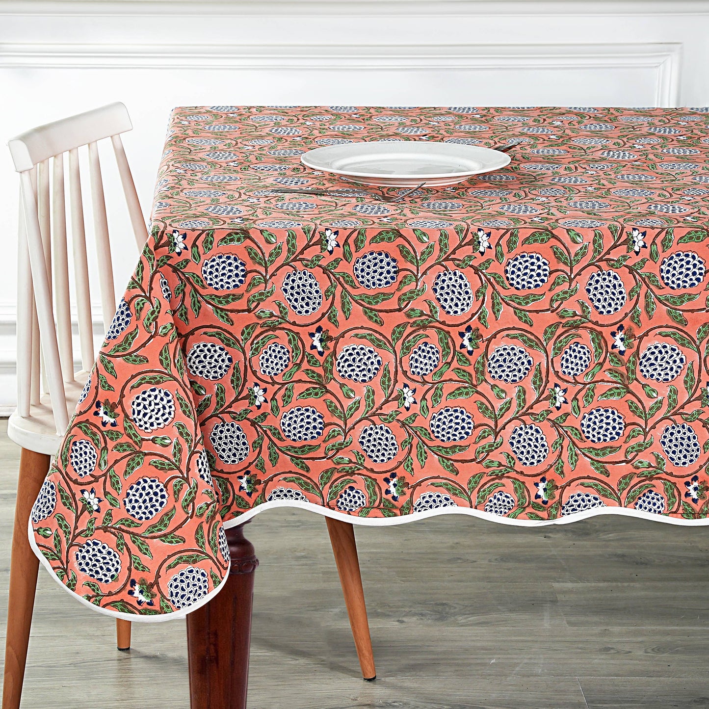 Dark Salmon Block Printed Piping Tablecloth 70x108