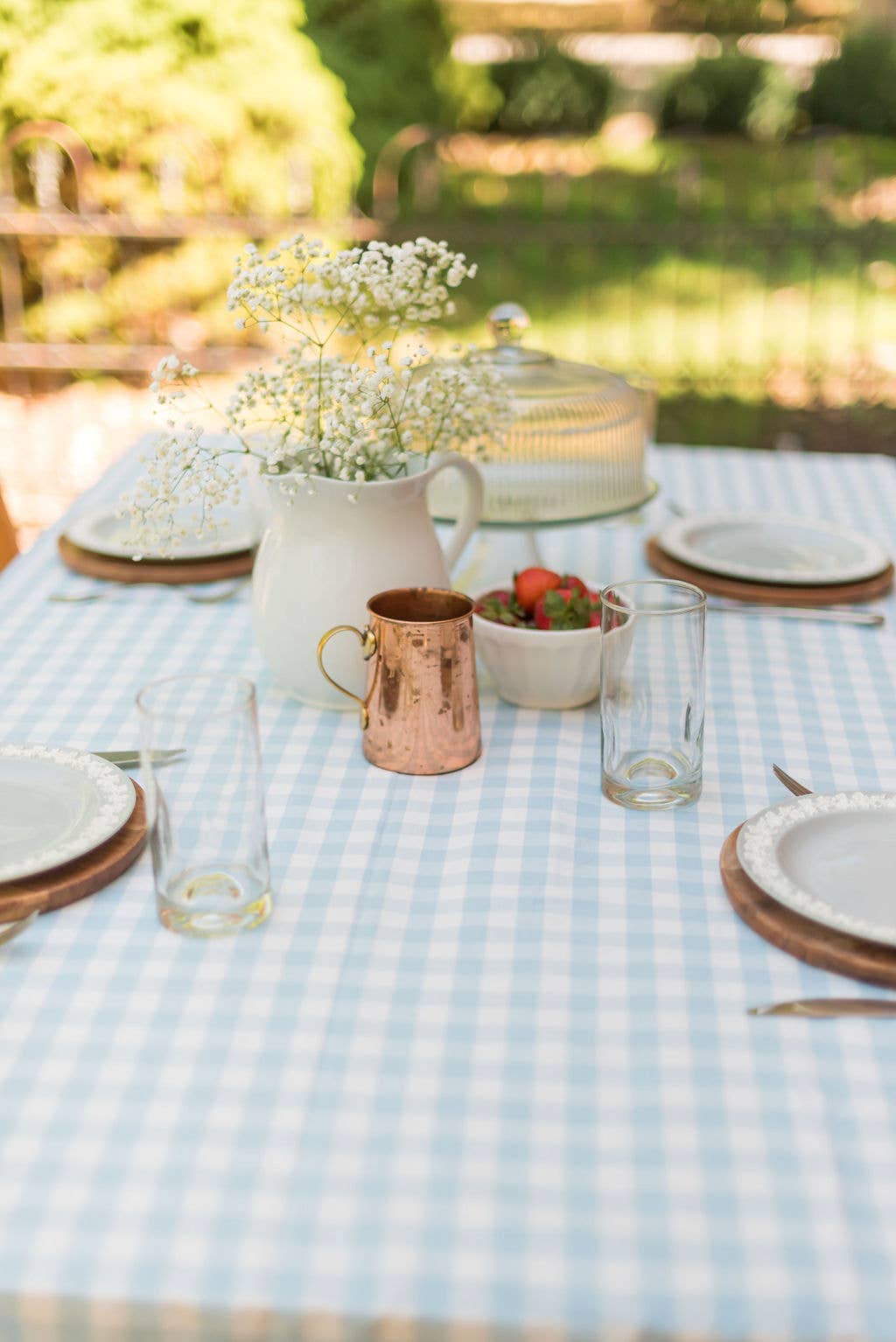 Blue Ruffled Gingham Tablecloth: 70" Round