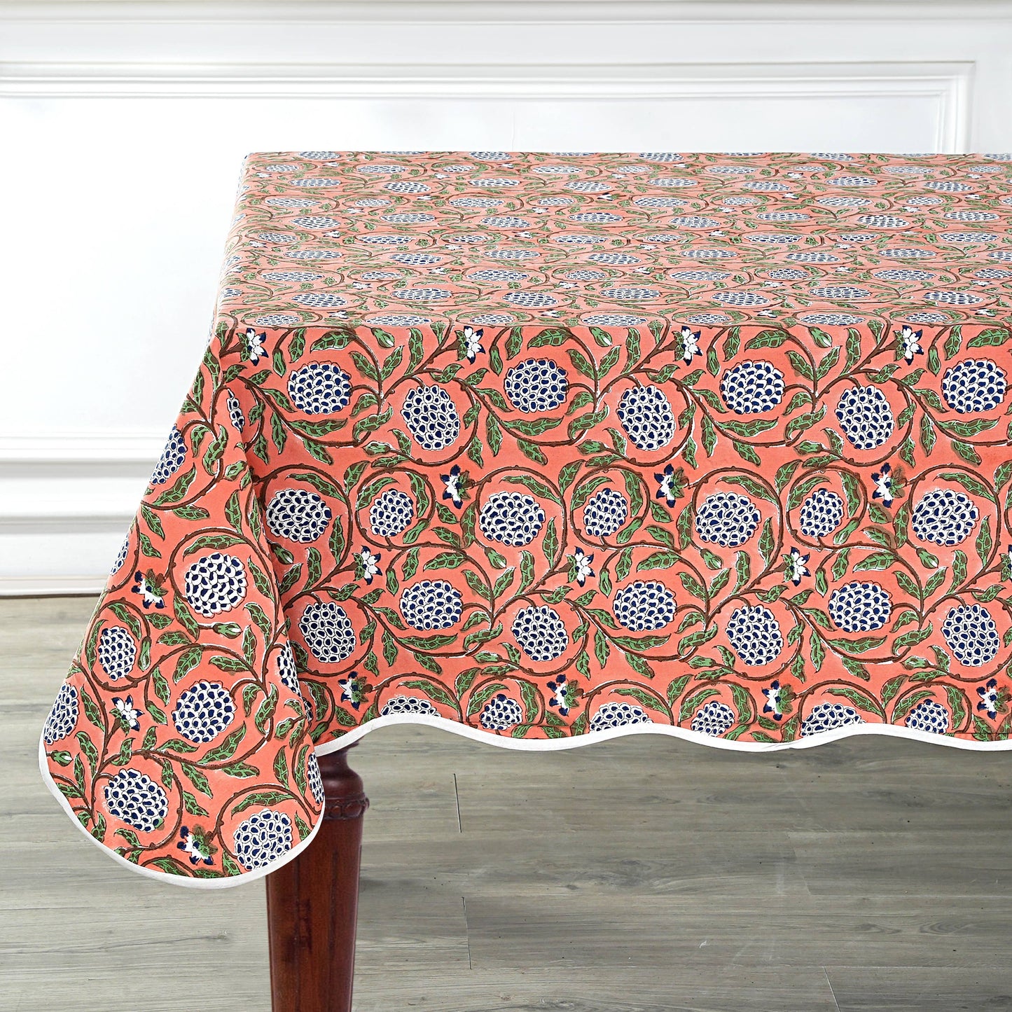 Dark Salmon Block Printed Piping Tablecloth 70x108
