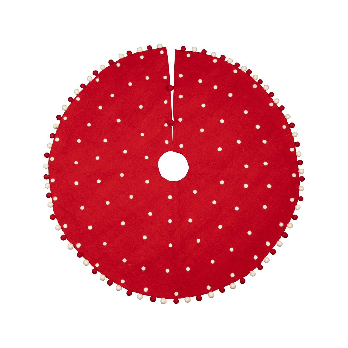 Red Felt Tree Skirt w/ White Dots & Pom Border