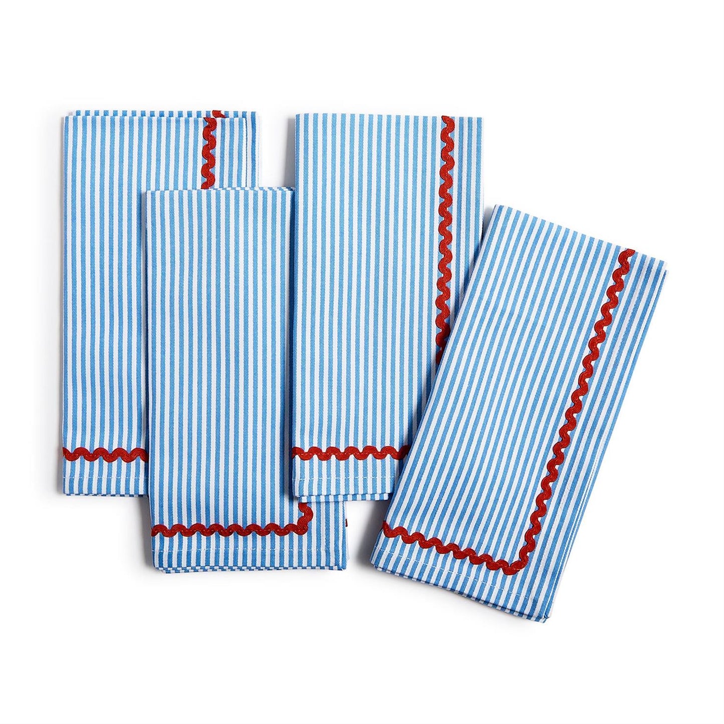 Blue Stripe w/Red Ric Rac Trim Cloth Dinner Napkins | Cotton