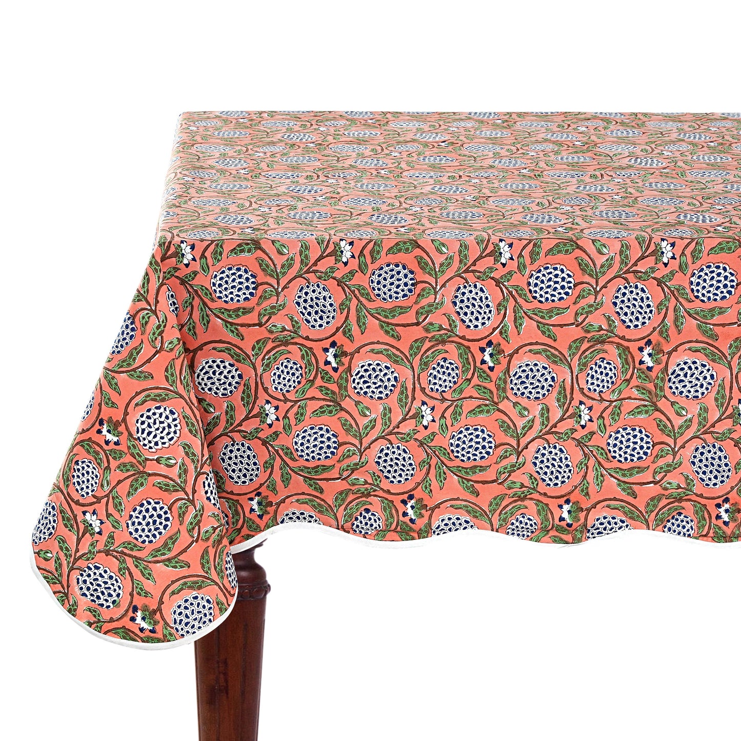 Dark Salmon Block Printed Piping Tablecloth 70x108