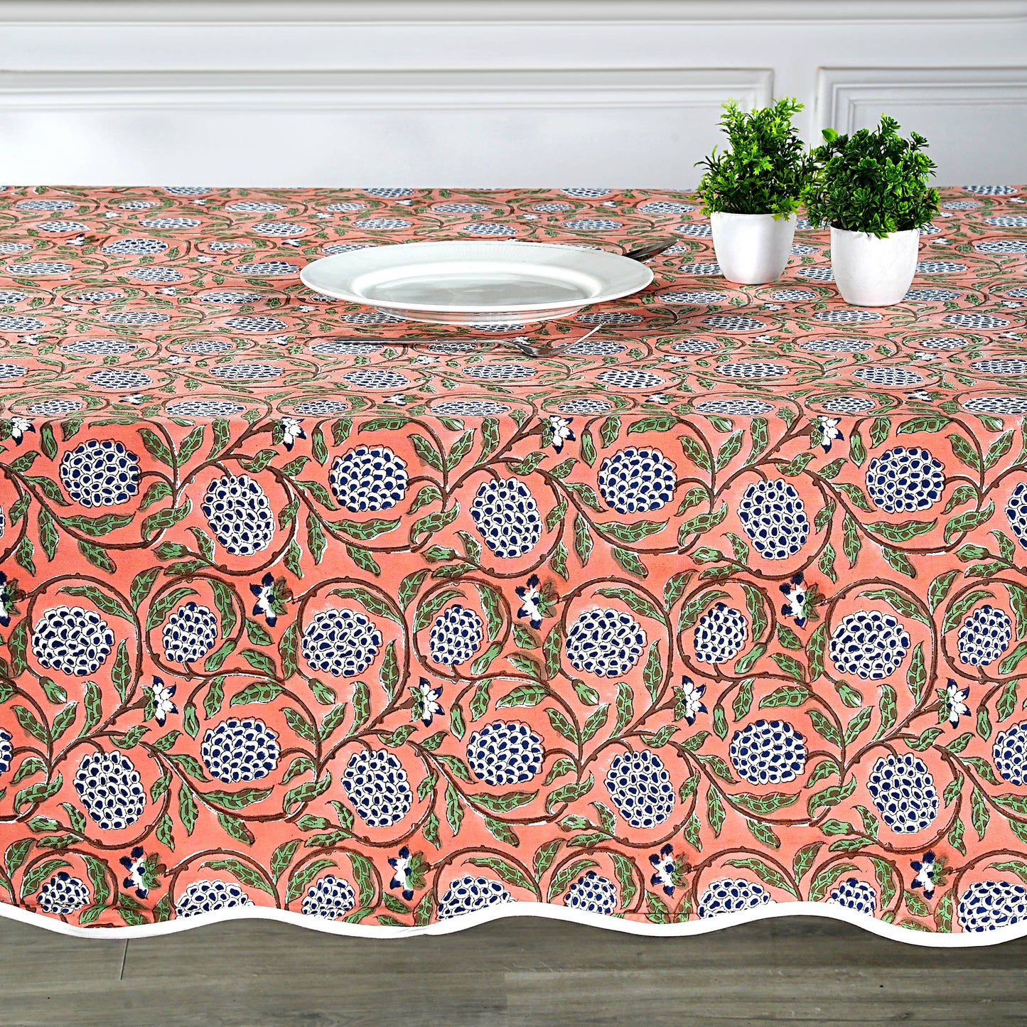 Dark Salmon Block Printed Piping Tablecloth 70x108