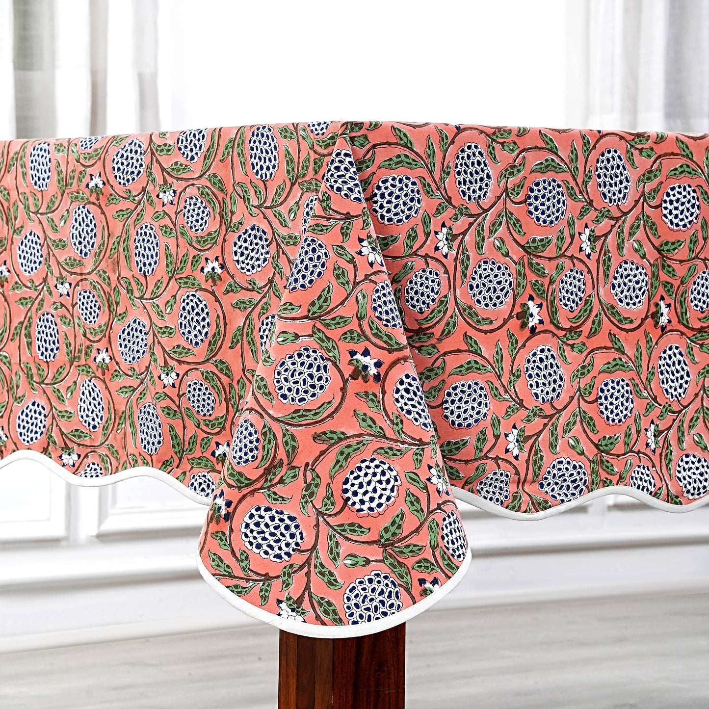 Dark Salmon Block Printed Piping Tablecloth 70x108