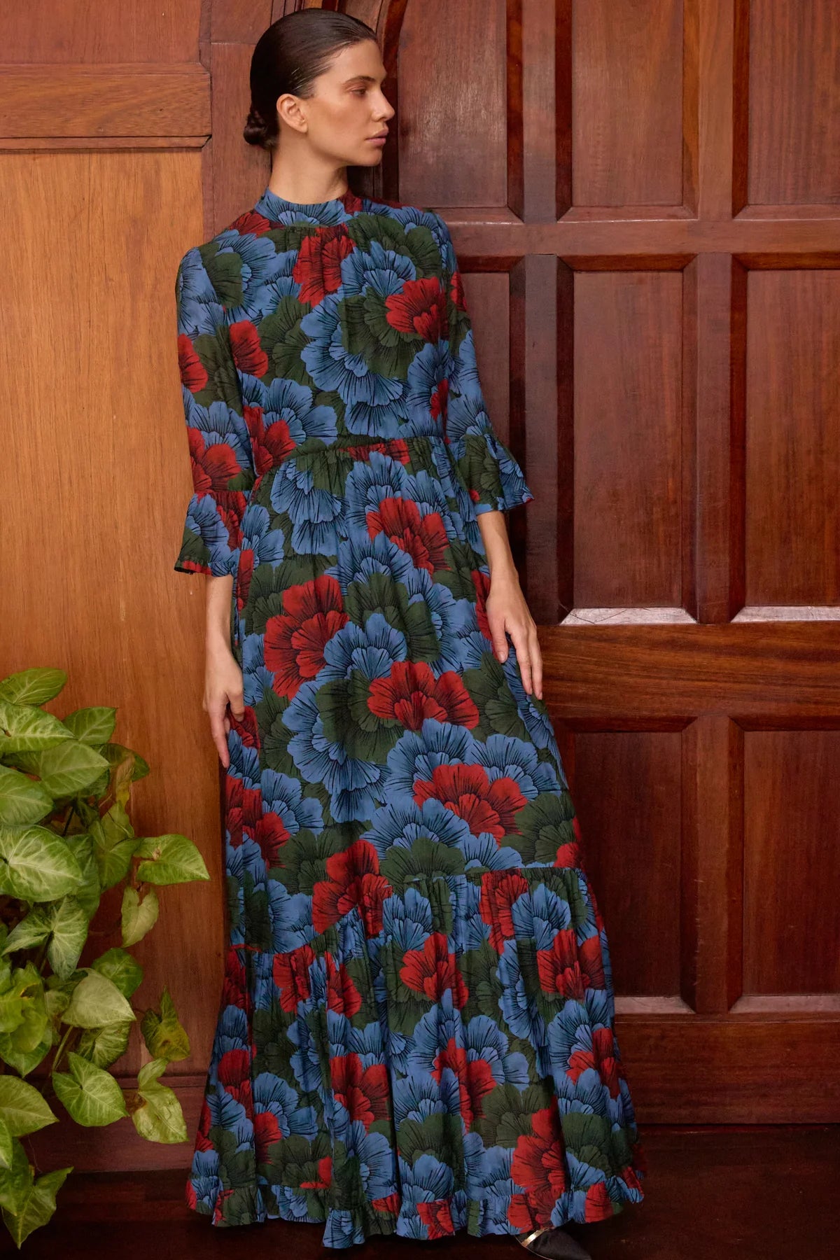 Oliphant Madrid Blue High Neck Bell Sleeve Maxi