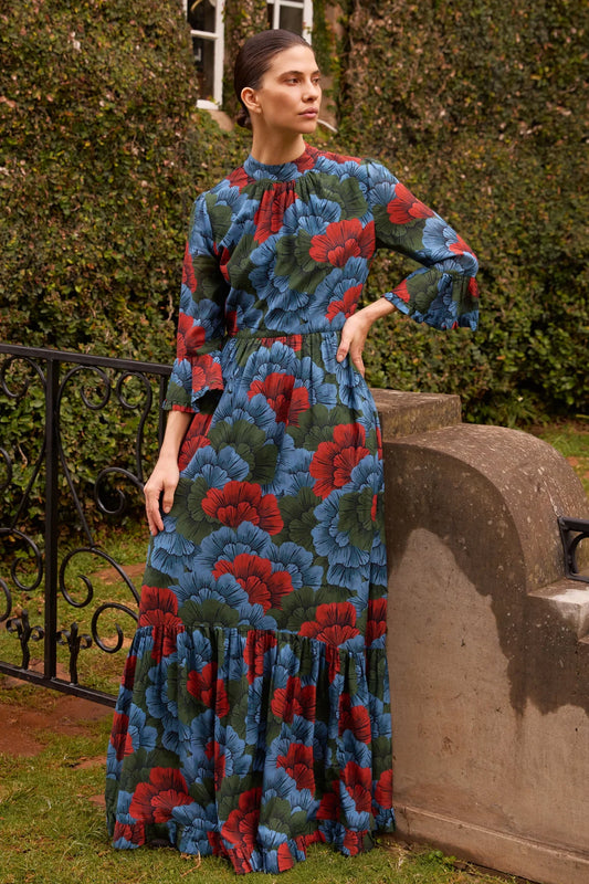 Oliphant Madrid Blue High Neck Bell Sleeve Maxi