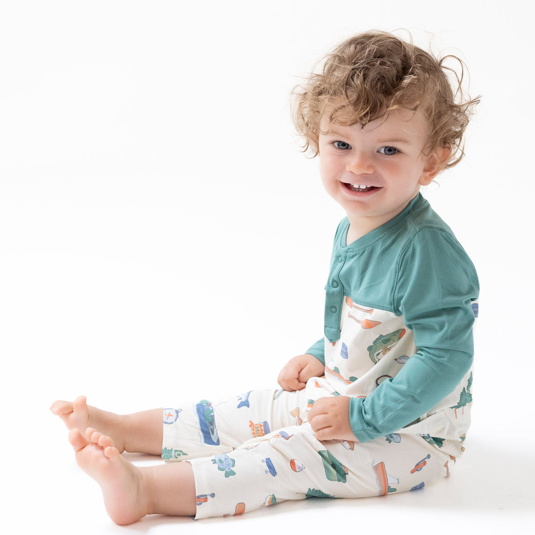 Angel Dear Fishing Things Romper with Contrast Sleeves