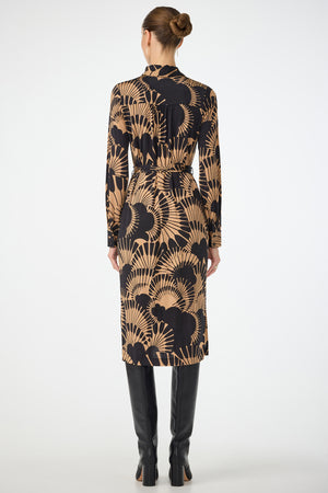 Trina Turk Printed Jersey Radio City Dress in Black and Camel