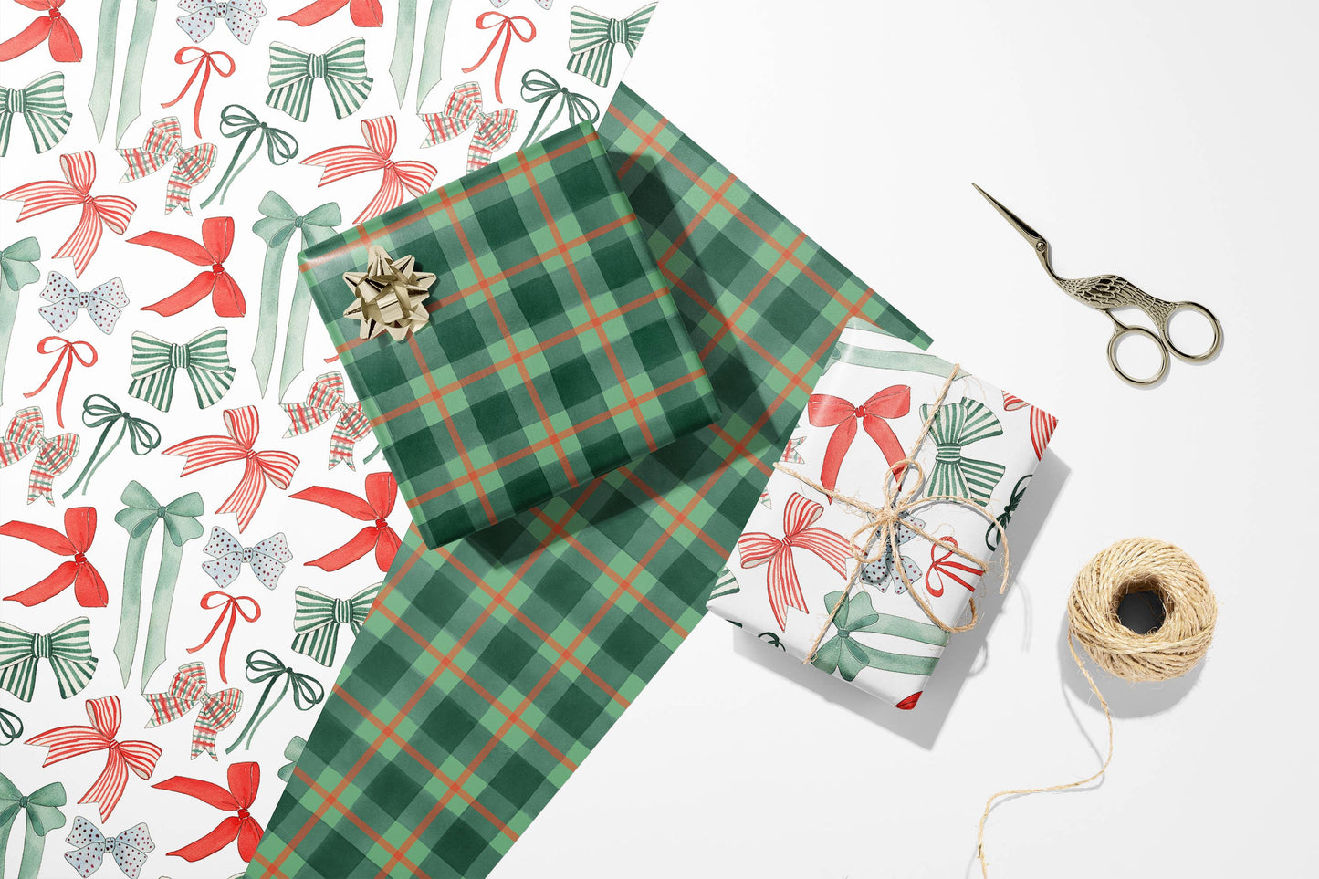 Red and Green Christmas Bows Wrapping Paper - 3 Sheet Roll