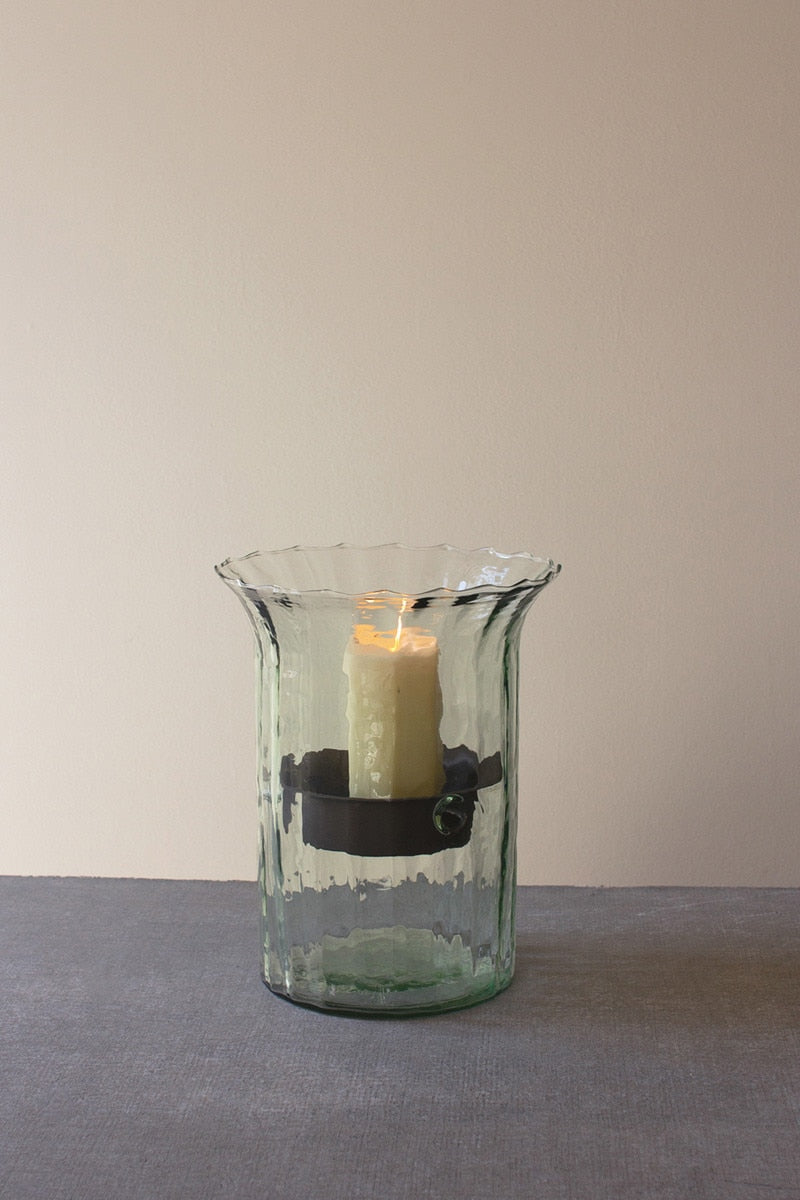 Ribbed Glass Candle Cylinder with Rustic Insert- Small