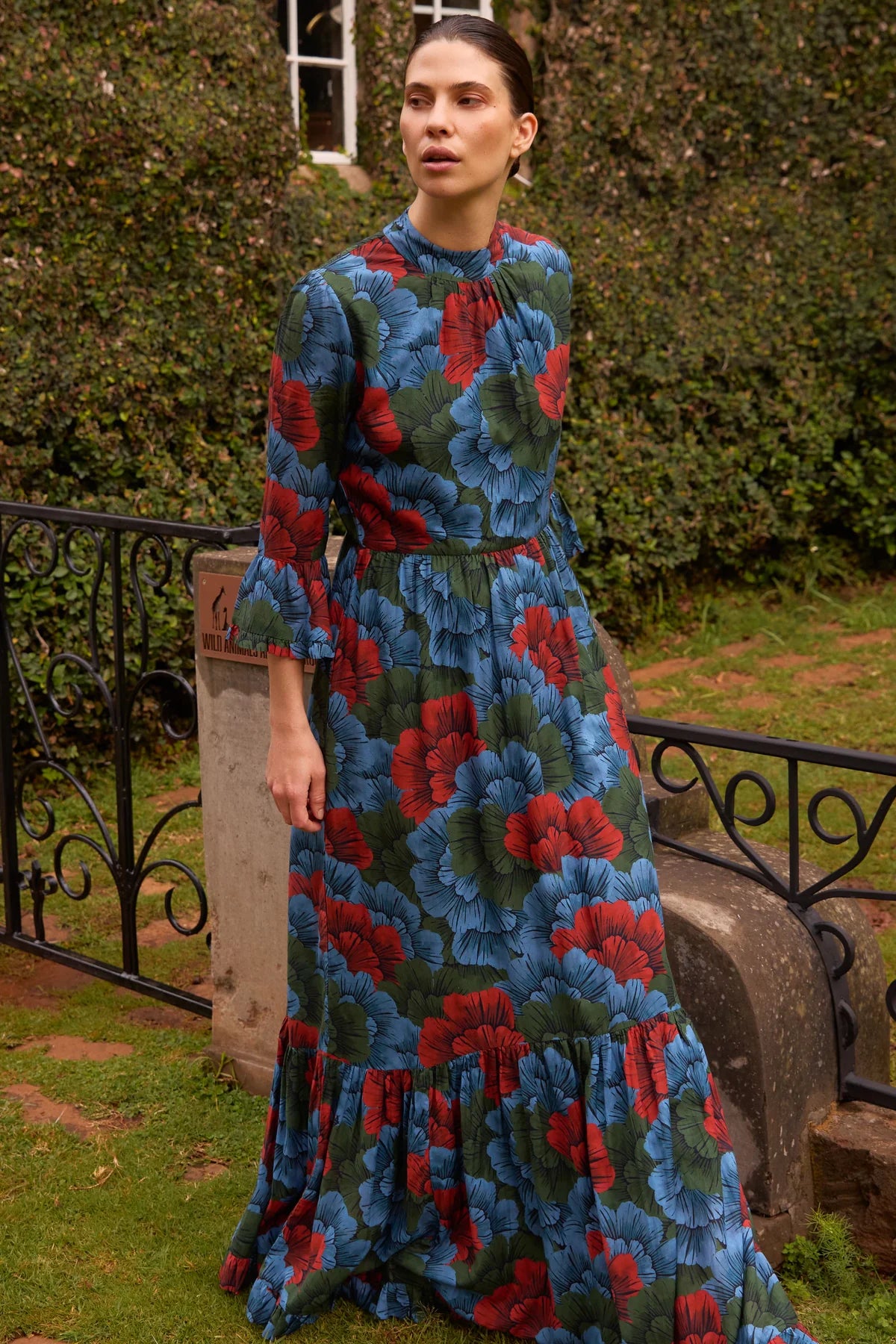 Oliphant Madrid Blue High Neck Bell Sleeve Maxi