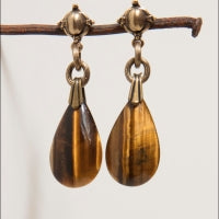 Vintage Tiger Eye Tear Drop Pendant Plated Gold Earring