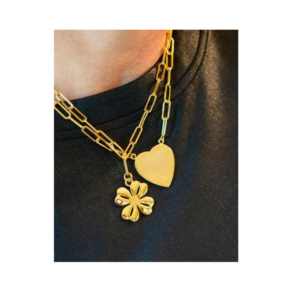 Flat Heart Charm Necklace with Paper Clip Chain | Gold