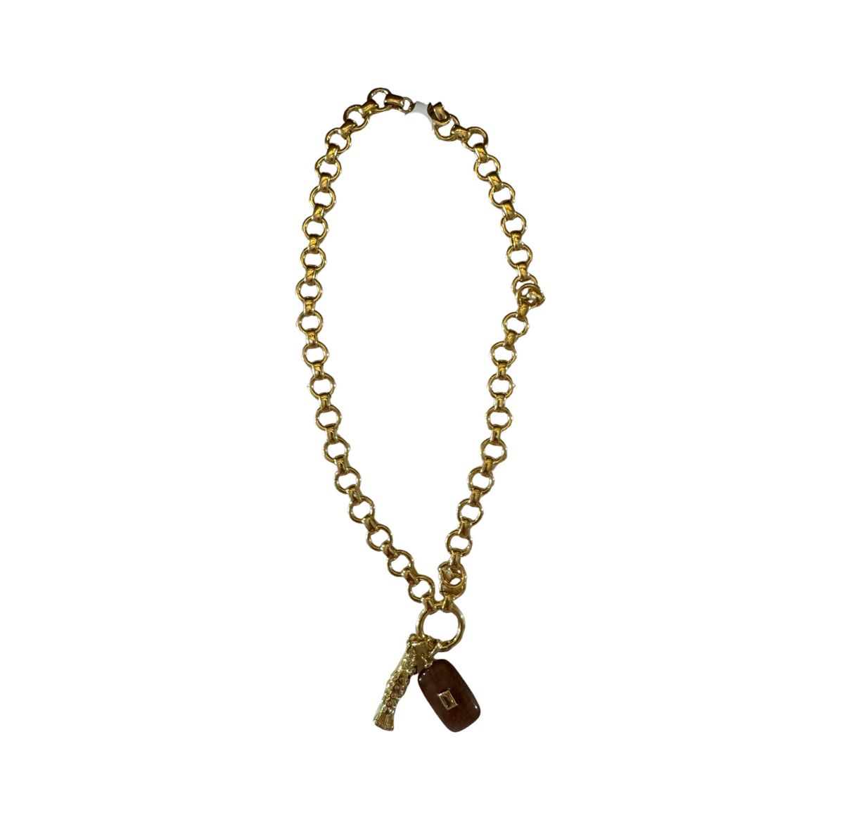 Gold Round Chain with Rectangular Gemstone and Wiggle Fish