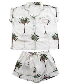 Palm Trees Print Short Pajama Set With Piping
