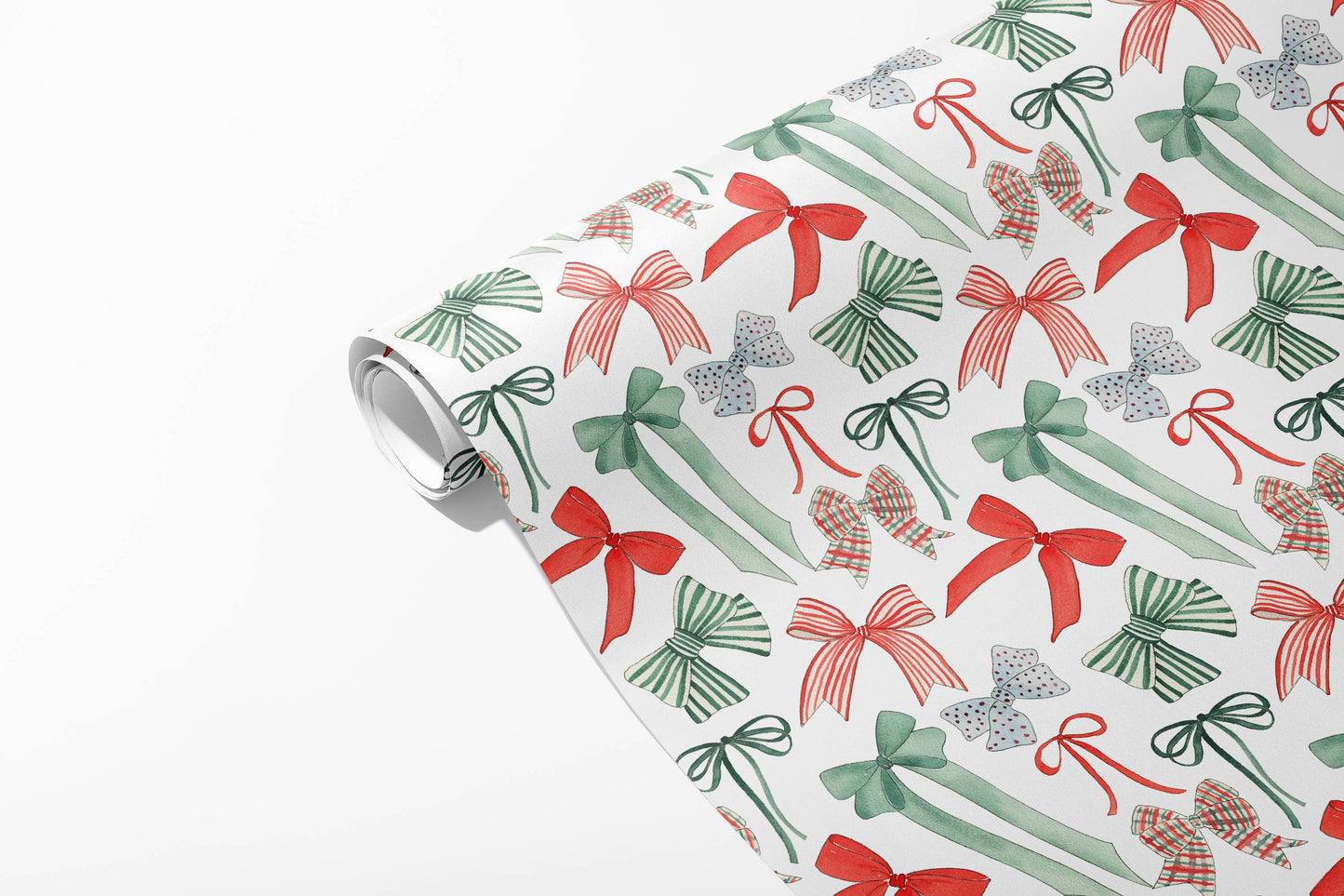 Red and Green Christmas Bows Wrapping Paper - 3 Sheet Roll