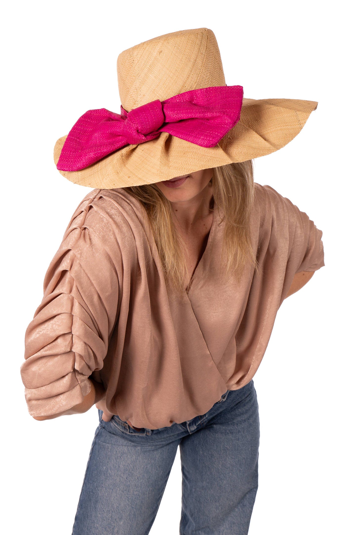 Fan Pleated Straw Sun Hat with Big Bow: Red