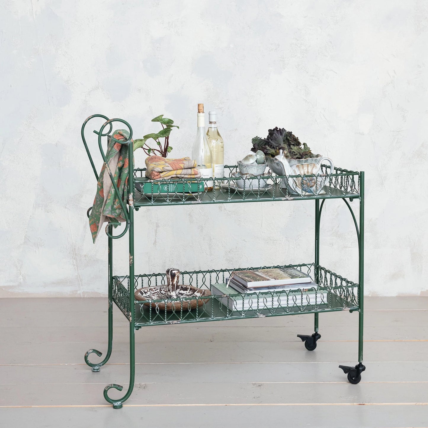 Green Metal 2-Tier Bar Cart on Casters, Distressed Finish