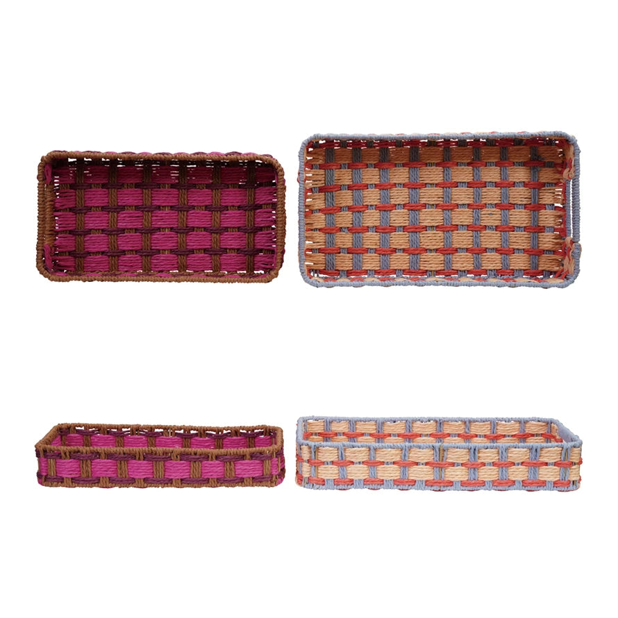 Decorative Woven Paper Rope Trays with Handles- Set of 2