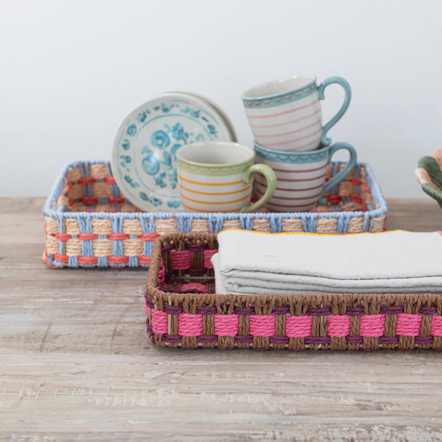 Decorative Woven Paper Rope Trays with Handles- Set of 2