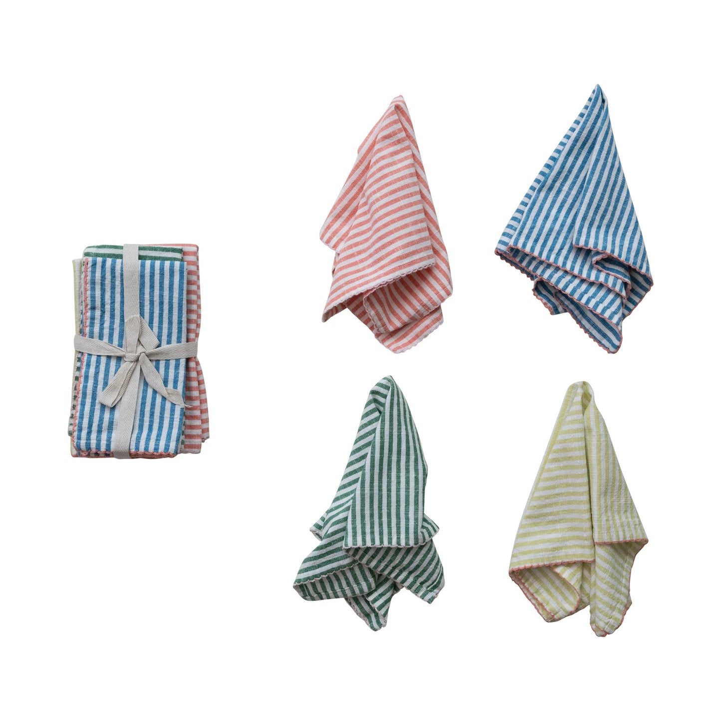 Woven Cotton Striped Napkins with Stitched Colored Trim- Set of 4