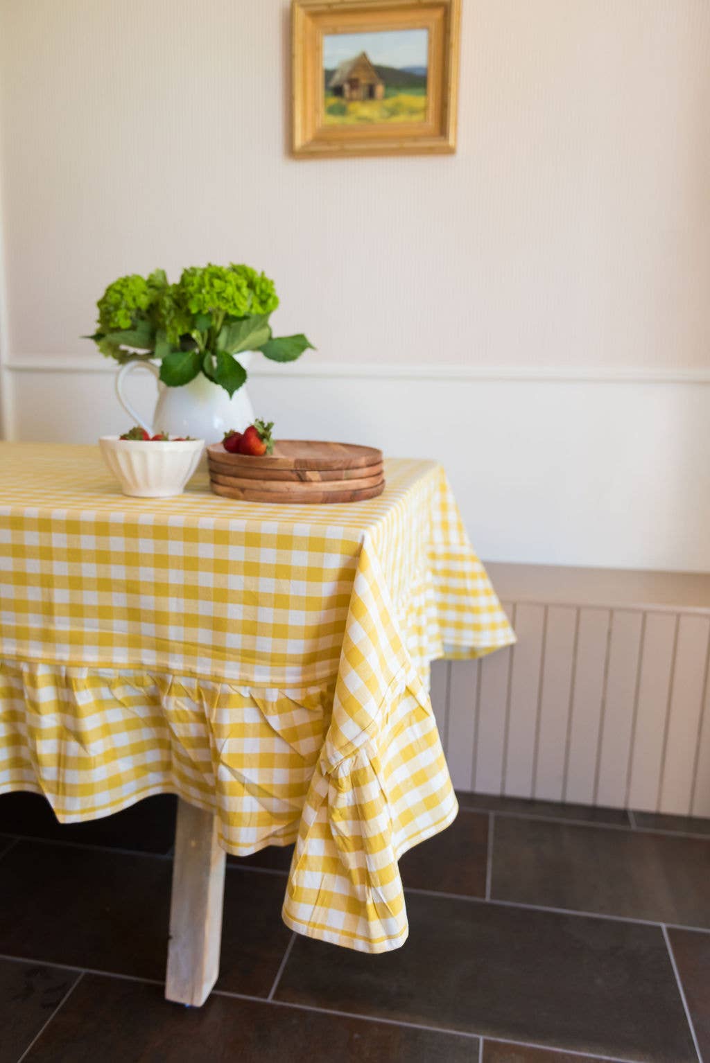 Yellow Ruffled Gingham Tablecloth: 70" Round