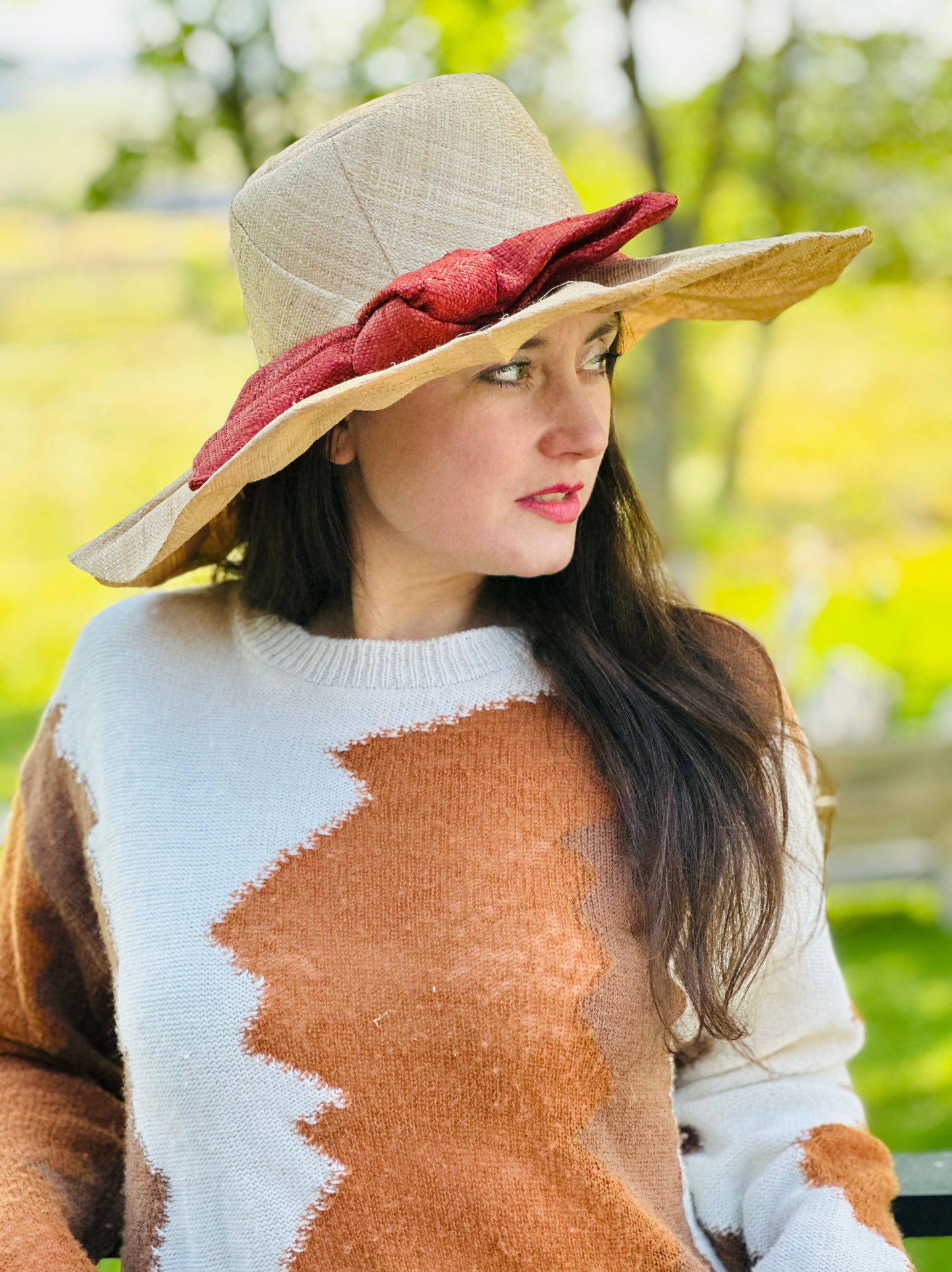 Fan Pleated Straw Sun Hat with Big Bow: Red