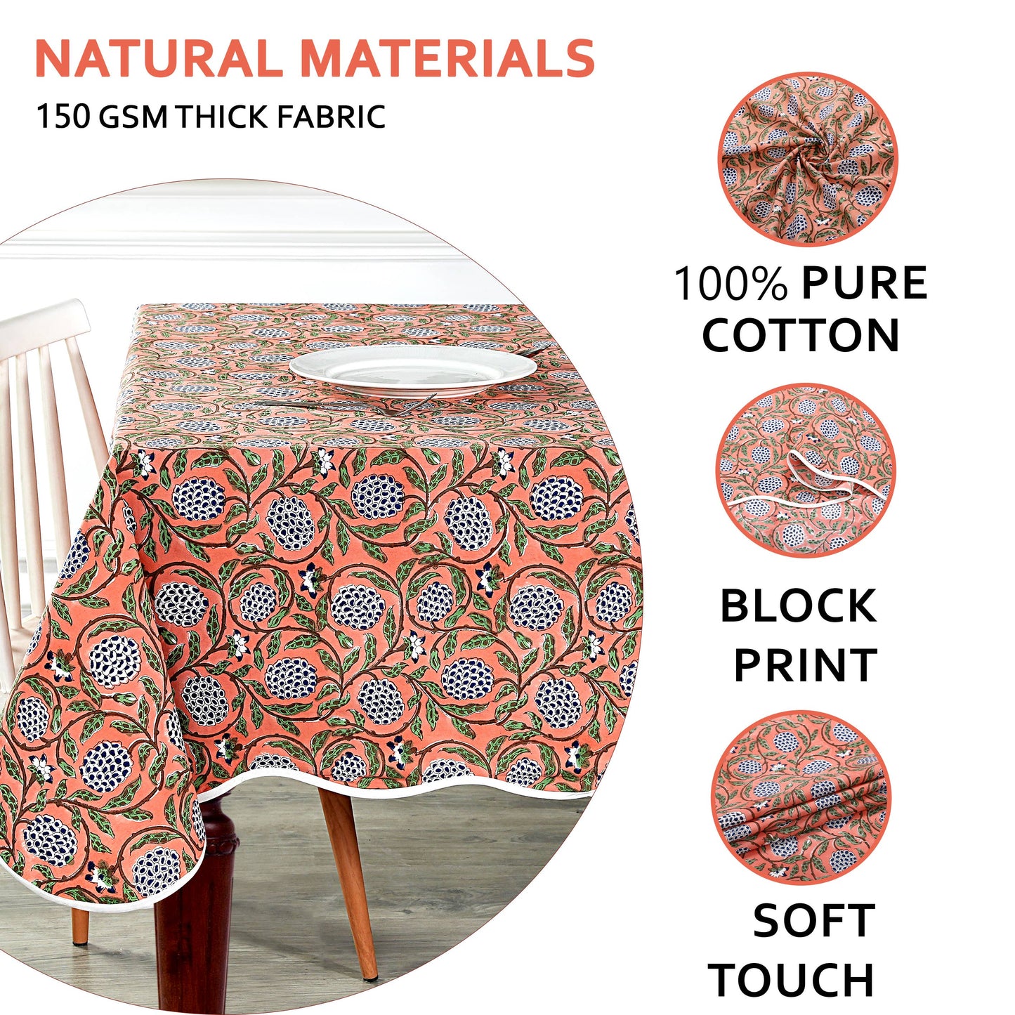 Dark Salmon Block Printed Piping Tablecloth 70x108