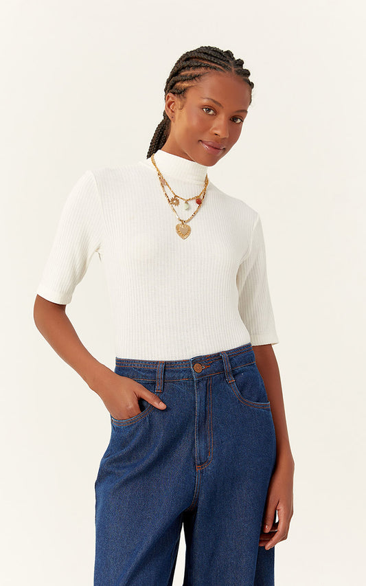 Ribbed Mock Neck Body Suit in Off White