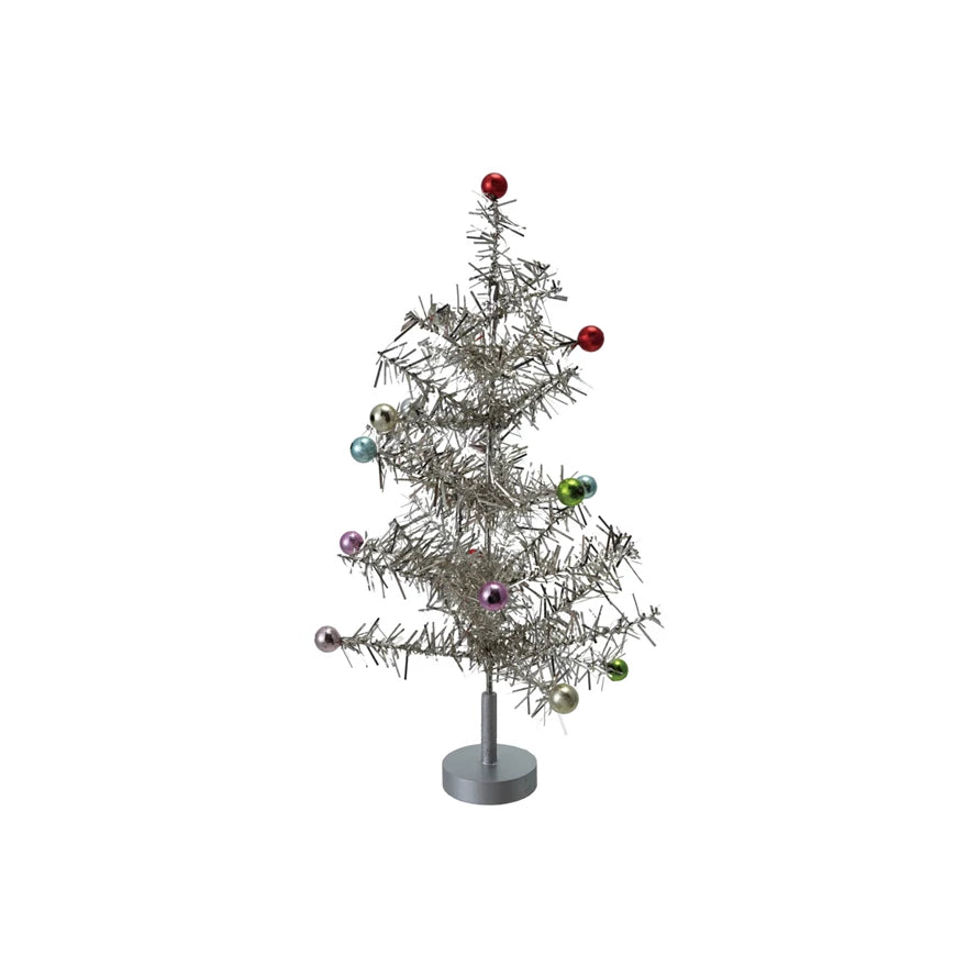 Silver Tinsel Tree With Multicolor Ball Ornaments- 8"