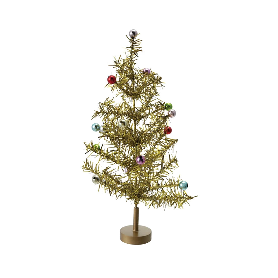 Gold Tinsel Tree With Multicolor Ball Ornaments- 13"