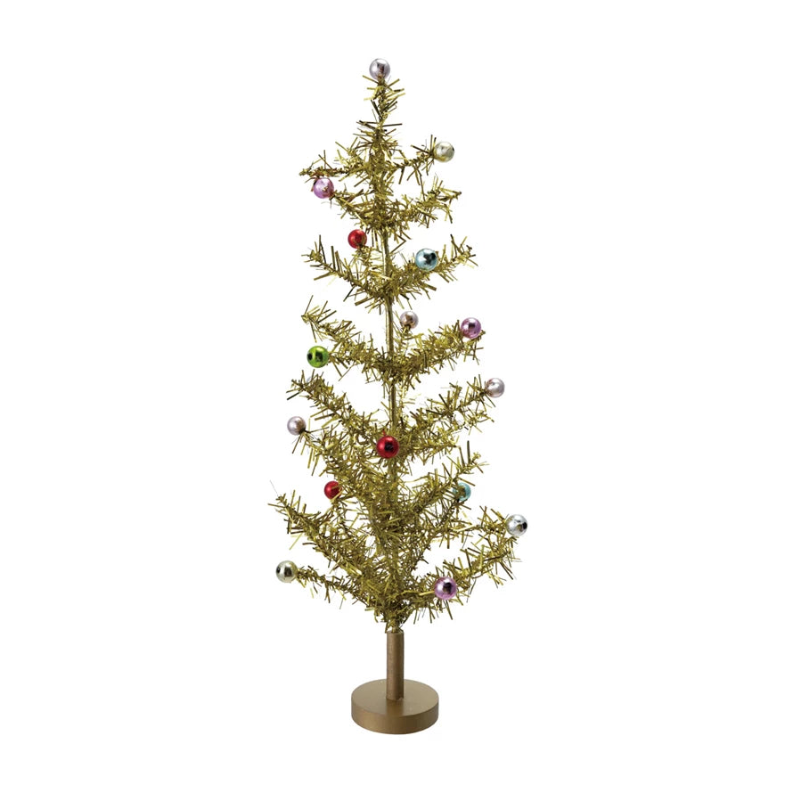 Gold Tinsel Tree With Multicolor Ball Ornaments- 17"