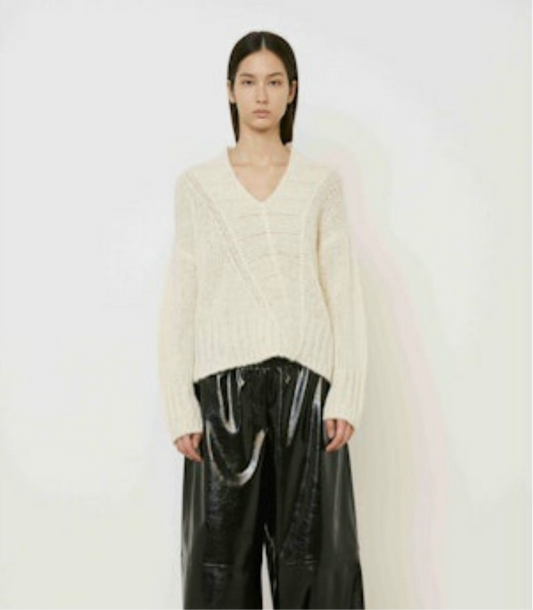 Mei Mei J                            Deep V-Neck Loose Knit Sweater in Cream