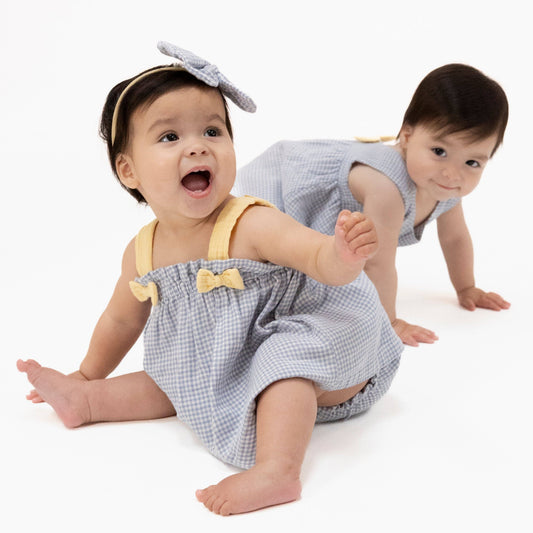 Angel Dear Micro Gingham Blue Blizzard | Top with Bows and Ruffle Leg Bloomer