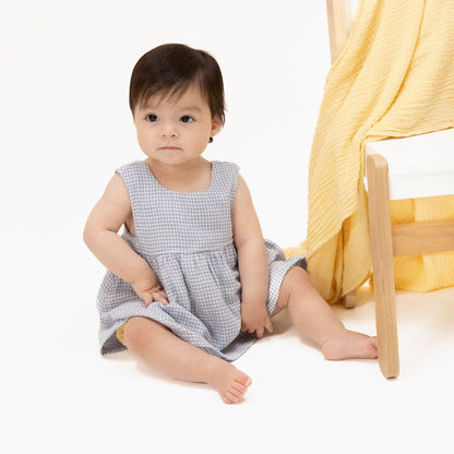 Angel Dear Micro Gingham Blue Blizzard | Infant Dress with Bow and Bloomer