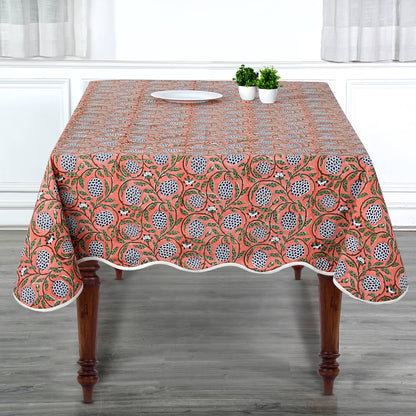 Dark Salmon Block Printed Piping Tablecloth 70x108