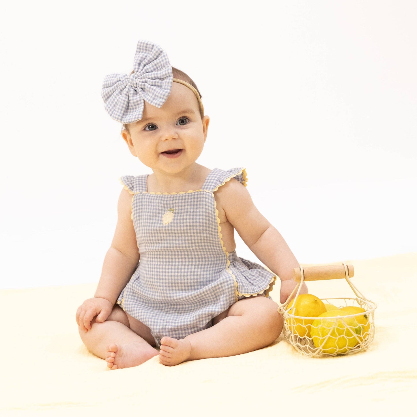 Angel Dear Micro Gingham Blue Blizzard | Ric Rac Ruffle Sunsuit