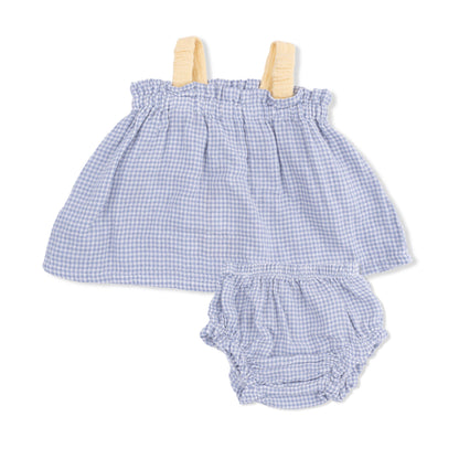 Angel Dear Micro Gingham Blue Blizzard | Top with Bows and Ruffle Leg Bloomer