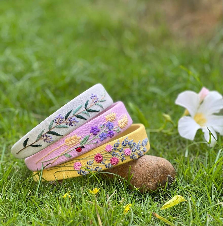 Spring Floral Embroidered Headband Hydrangea - Yellow