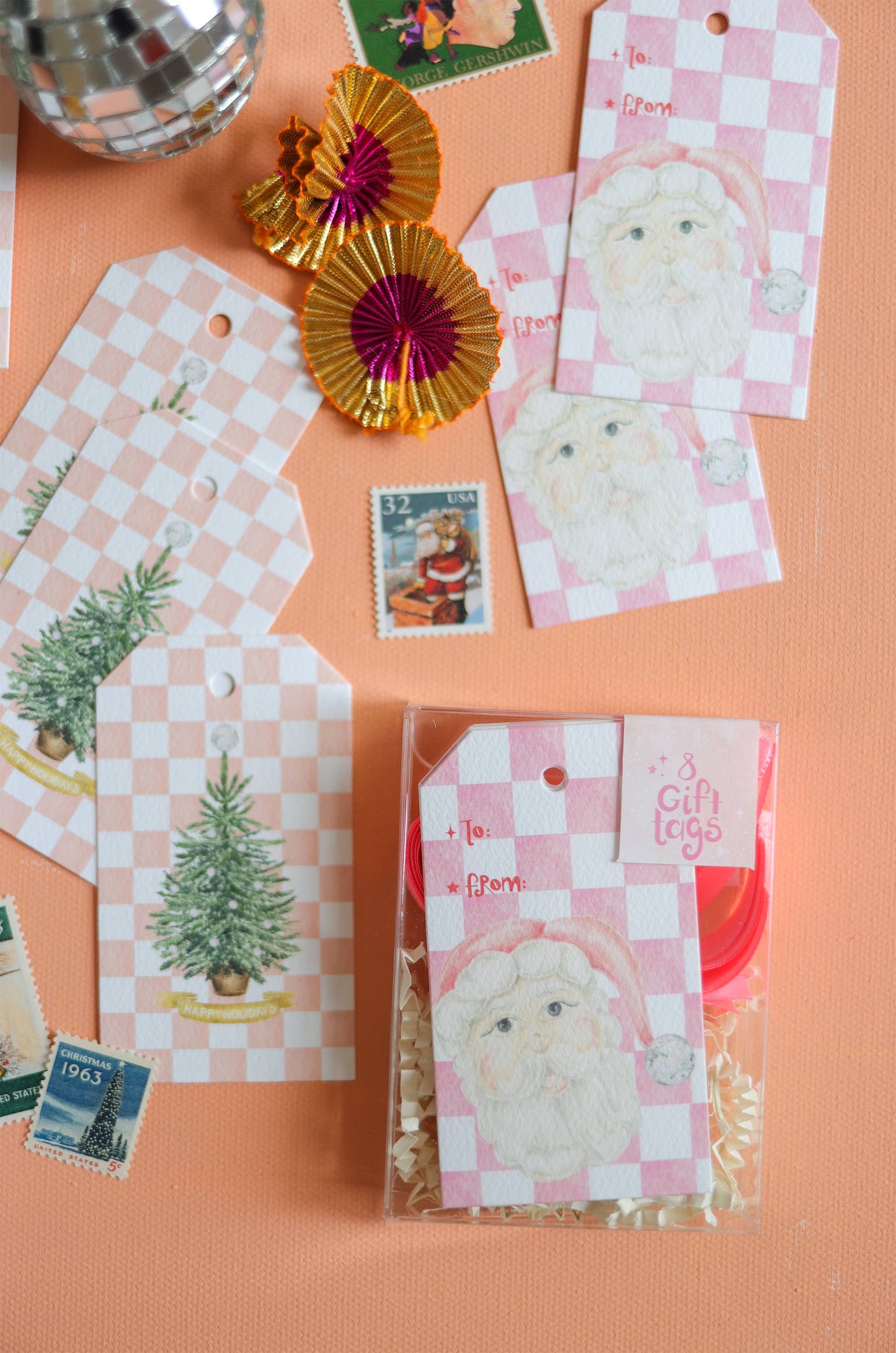 Pink Checked Disco Tree Gift Tag Set