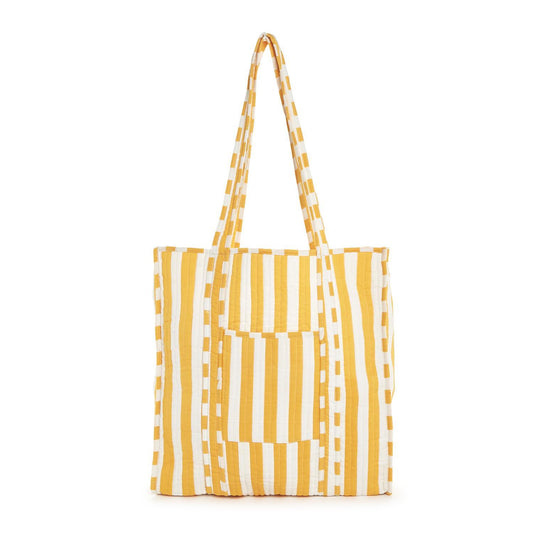 Yellow and White Cotton Printed Reversible Tote