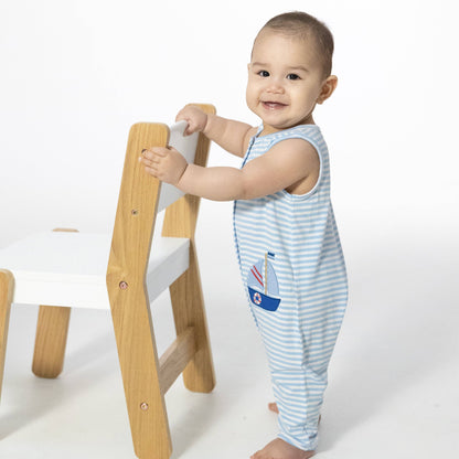 Angel Dear Bubbly Sailboat Stripe | Blue Sleeveless Romper