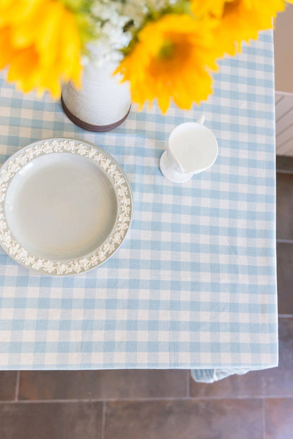 Blue Ruffled Gingham Tablecloth: 70" Round