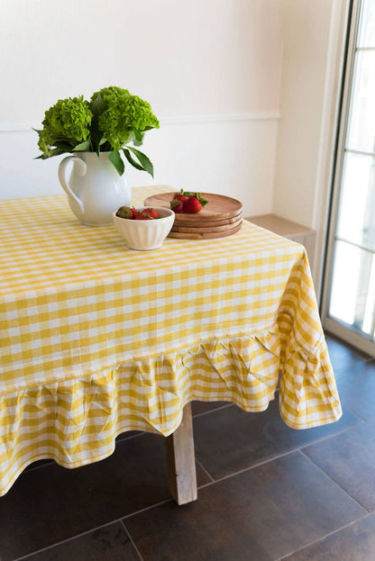 Yellow Ruffled Gingham Tablecloth: 70" Round
