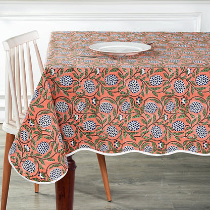 Dark Salmon Block Printed Piping Tablecloth 70x108